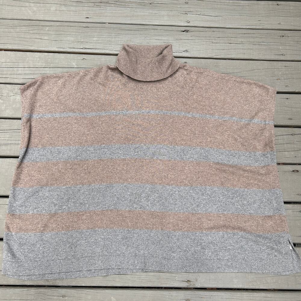 Neiman Marcus 100% Cashmere Striped Turtleneck Poncho Sweater OS Taupe Gray